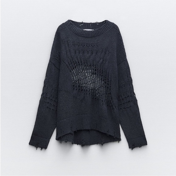 NWT Zara Ripped Open Knit Sweater Navy Size SMALL - Picture 2 of 5